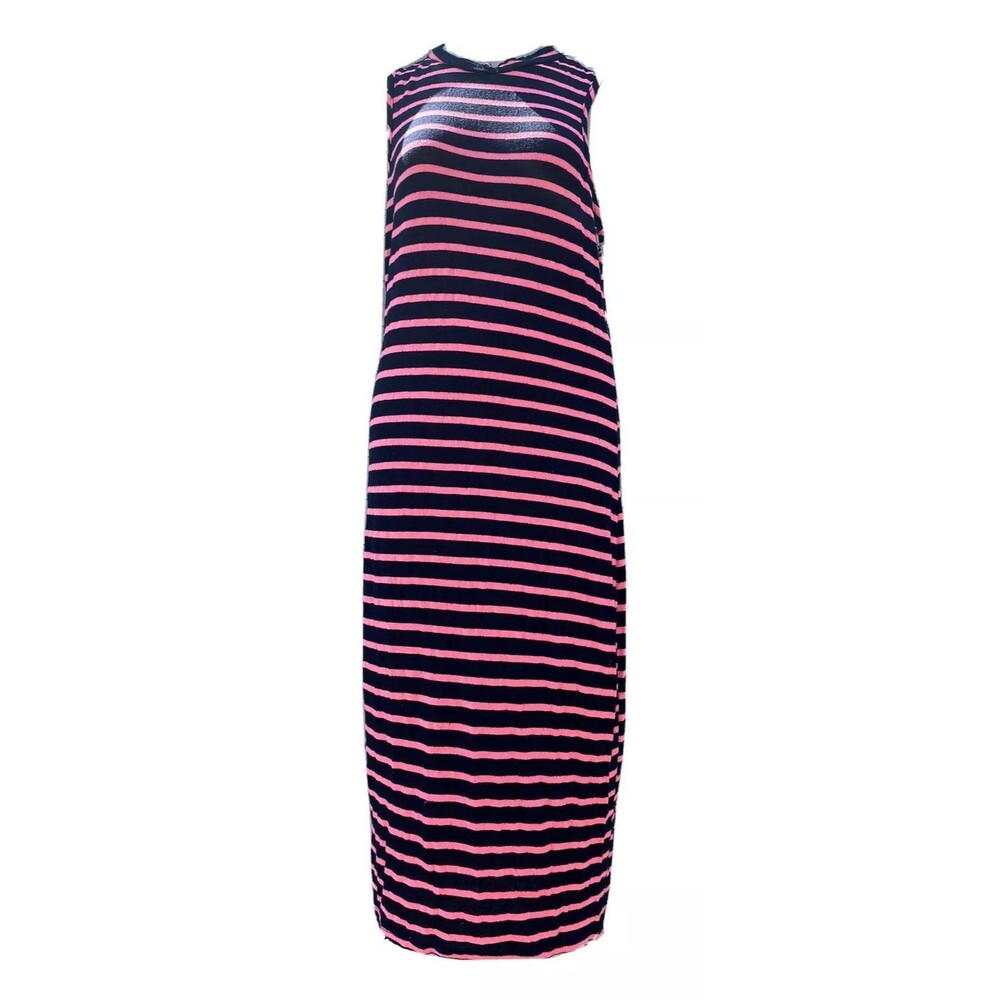 Cacia Pink Black Striped Tshirt Maxi Dress Sleeveless Soft Stretch Jrs Sz Medium